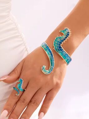 Turquoise Seahorse Cuff Bracelet and Ring Set - Women Jewelry